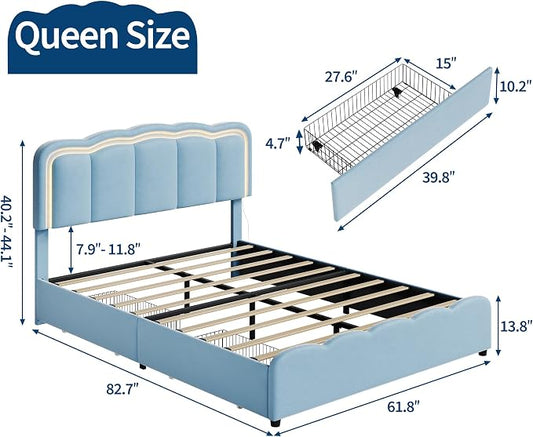 Garvee Queen Size Bed Frame with 2 Storage Drawers and LED Lights, Upholstered Platform Queen Bed with Adjustable Headboard, Wooden Slats Support, No Box Spring Needed, Easy Assembly, Blue