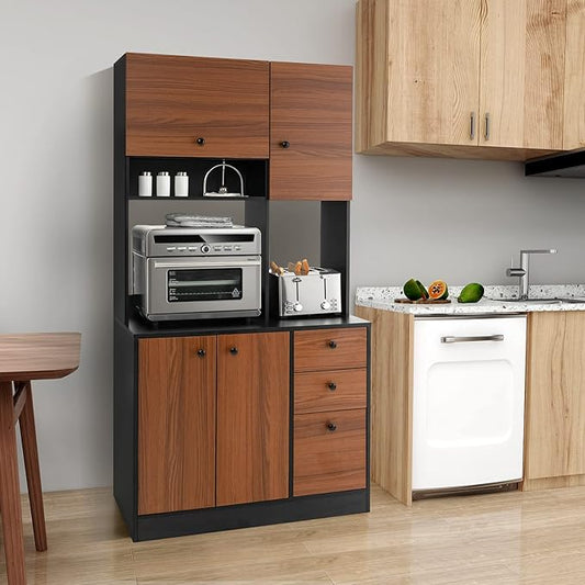 Giantex Kitchen Pantry, Buffet Hutch with 3 Storage Cabinet, 71'' Floor Large Cupboard with 3 Deep Drawers, Wide Countertop, Adjustable Shelves, Tall Sideboard (Walnut)