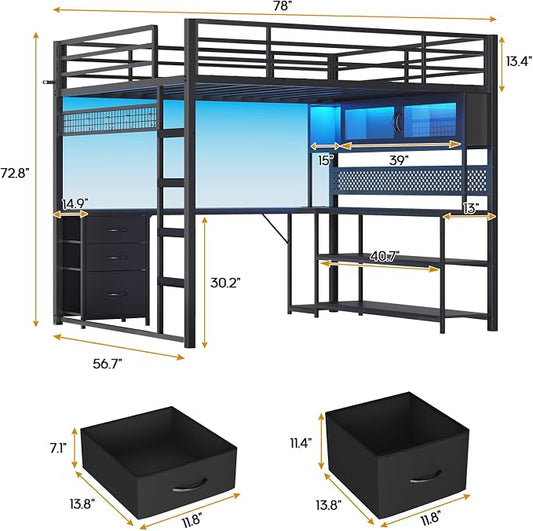 ADORNEVE Gaming Loft Bed Full Size with L-Shaped Desk, Arcylic RGB Hutch & Safety Power Outlet, Metal Loft Bed Frame with Storage Drawer, Shelves, Safety Guardrail, Space Saving for Teens, Black