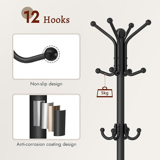 FAVOOSTY Coat Rack Freestanding,Coat Rack Stand with Umbrella Holder,Metal Coat Tree with 12 Hooks,Tree Clothes Hat for Entryway, Hallway, Bedroom, Living Room & Office -Black
