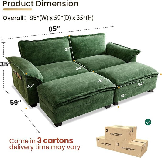 KKL Modular Sectional Sofa Bed with Ottoman, 4 Seaters Cloud Couch with Ottoman, Chenille Sectional Couches for Living Room, Apartment, Green