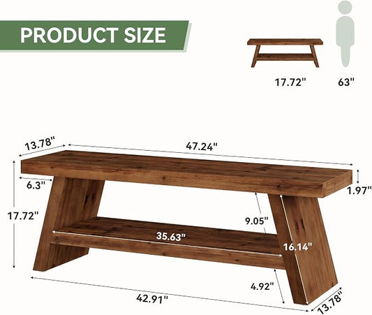 Solid Wood Entryway Bench, 2-Tier Wooden Storage Bench, Farmhouse Indoor Shoe Bench Seat for Entry, Living Room, Dining Room, Bedroom (Brown)
