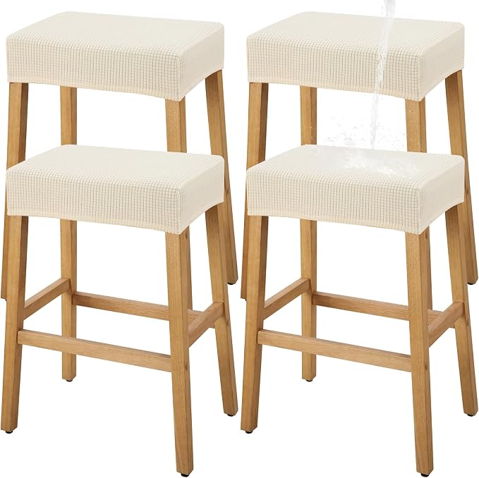 YISUN Stool Covers Rectangle - 4 Pack Stretch Waterproof Saddle Seat Cover Counter Bar Stools Bar Chairs Covers Kitchen Island Chairs Cushion Protector (4, Beige)