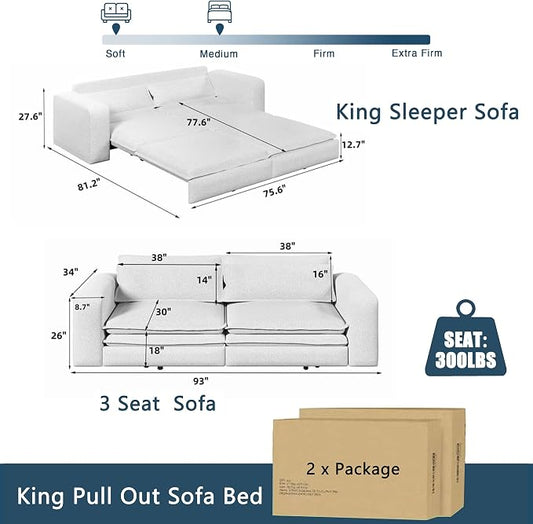 93" King Pull Out Sofa Bed, Boucle Sleeper Sofa Couch, Modern Wide Armrest, 3 in 1 Convertible Futon Couches for Living Room, Small Space, Apartment, Office, Bedroom, Blue