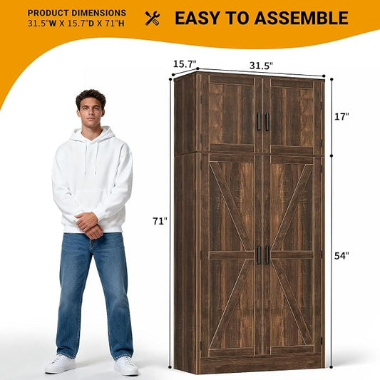 Unikito 71” Farmhouse Storage Cabinet, Large Kitchen Pantry Storage Cabinet with Adjustable Shelves and Barn Doors, Versatile Storage Cupboard for Dinning Room, Bathroom, Living Room, Weathered Brown