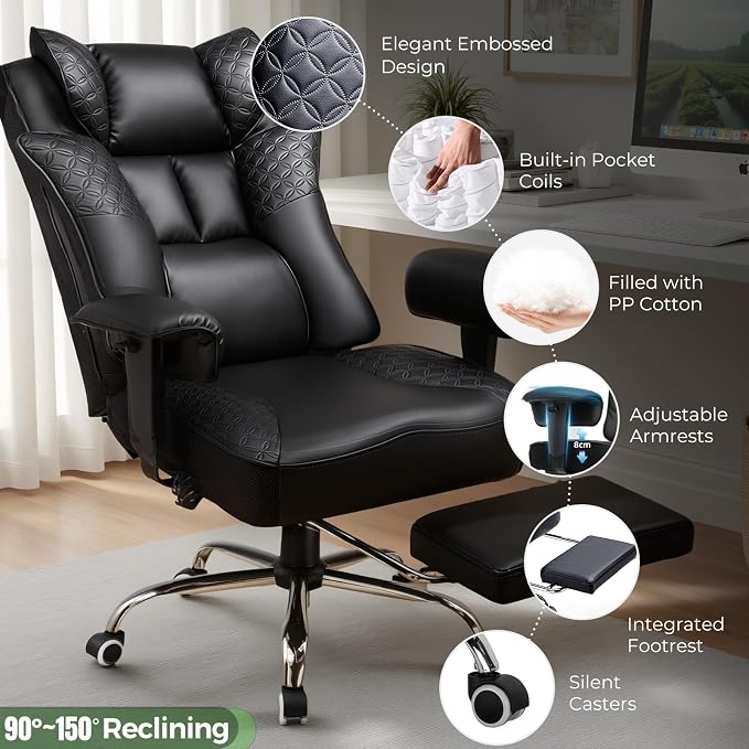 GTPLAYER Big and Tall Office Chair Wide Ergonomic Gaming Chair with Deluxe Embossing Designed Leather with Foot Rest,150°Reclining Adjustable Soft Armrests Pocket Spring Back Support and Pillow