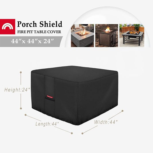 Porch Shield Fire Pit Cover - Waterproof 600D Heavy Duty Fade Resistant Square Patio Fire Pit Table Cover Black - 44 x 44 inch