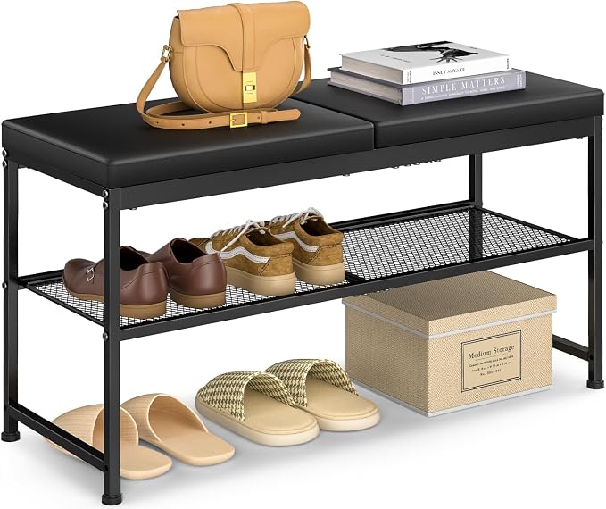DAOUTIME Shoe Rack Bench, 2-Tier Shoe Storage Organizer with PU Seat Cushion, Entryway Bench with Height-Adjustable Metal Mesh Shelves, Modern Bench Seat for Bedroom Living Room Hallway Foyer, Black