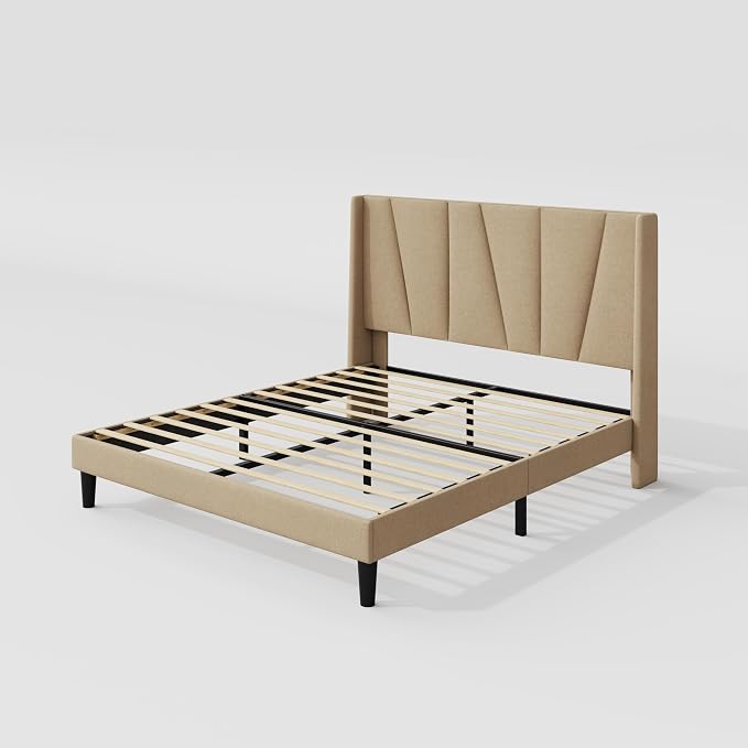 Allewie Queen Size Platform Bed Frame with Geometric Wingback Headboard, Boho Upholstered Bed with Wooden Slats Support, No Box Spring Needed, Easy Assembly, Beige