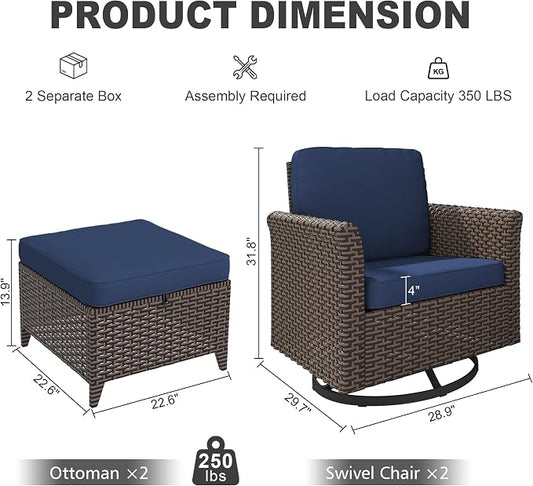 4 Pieces Patio Furniture Set, 2 High Back Swivel Chairs & 2 Ottomans, All-Weather PE Wicker Furniture with Waterproof Cushions for Deck, Garden, Porch