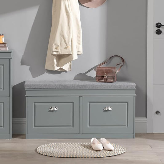 SoBuy Grey Storage Shoe Bench with 2 Flip Drawers, Hidden Shoe Bench, Free Standing Shoe Rack, Shoe Cabinet, Hallway Storage Bench with Seat Cushion FSR64-HG