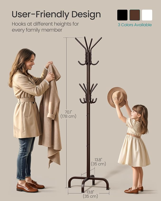 SONGMICS Coat Rack Freestanding with 16 Hooks, Metal Coat Tree Stand with 4 Adjustable Feet, Clothes Hanger Stand for Entryway Bedroom Living Room Hallway Office,Bronze URCR083MZ01S