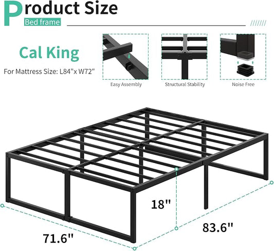 Lutown-Teen 18 Inch California King Bed Frames Sturdy Mattress Foundation, Heavy Duty Metal Cal King Platform with Steel Slats Support No Box Spring Needed, Noise Free, Easy Assembly, Black