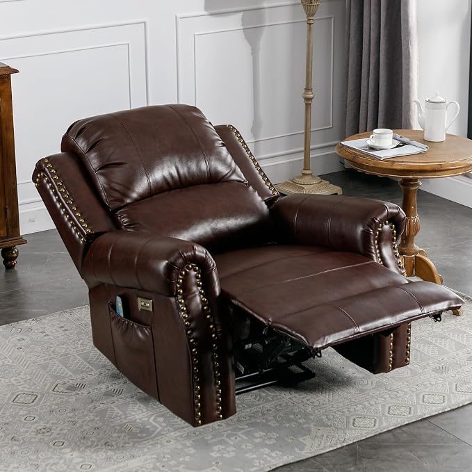 HAOMARKETS Classic Power Recliner Chair with Massage and Heat, Breathable Faux Leather Electric Recliner with USB&Type-C Ports, Overstuffed Reclining Sofa with Rivets for Living Room, Caramel Brown