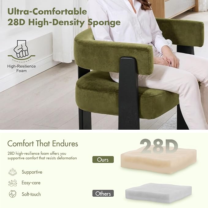 Hyfirm Modern Dining Chairs Set of 4, Upholstered Velvet Barrel Accent Chairs with Backrest & Arms, Wide and Thicker Padded Kitchen Side Chair with Wooden Legs for Dining Room, Livingroom, Dark Green