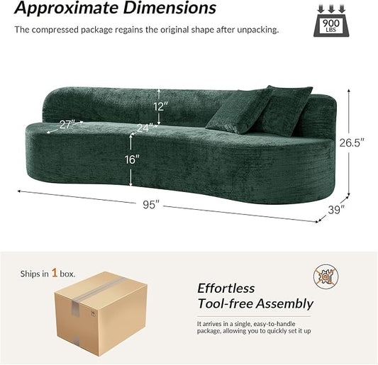 95" Modern Curved Compressed Sofa, All-Foam 3-Seater Cloud Couch with 2 Pillows, No Assembly Required Boneless Sofas for Living Room, Olive