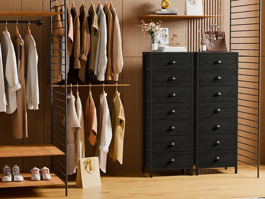 Furnulem Bedroom Dresser, Tall Chests of Drawers with 7 Fabric Bins, Black Organizer in Closet, Dorm, Living Room, Nursery, Hallyway-Storage Tower Unit, Sturdy Steel Frame