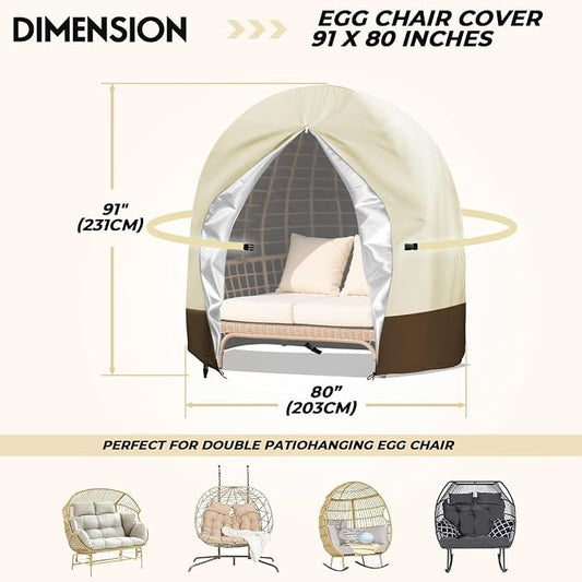 Double Egg Chair Cover Waterproof 420D Oxford Hanging Outdoor Furniture Covers for Patio Wicker Egg Swing Cocoon Chair, 91x80 Inches,Beige