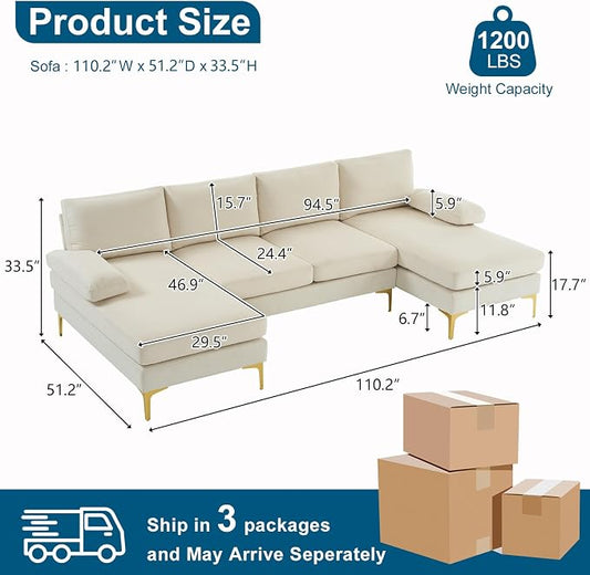 VINGLI 110" Modern Sectional Couch with 51" D Double Chaise, Beige Deep Seat U Shaped Couch with Removable Pillows & Metal Legs, Comfy 4-Seat Sofas for Living Room, Linen Fabric