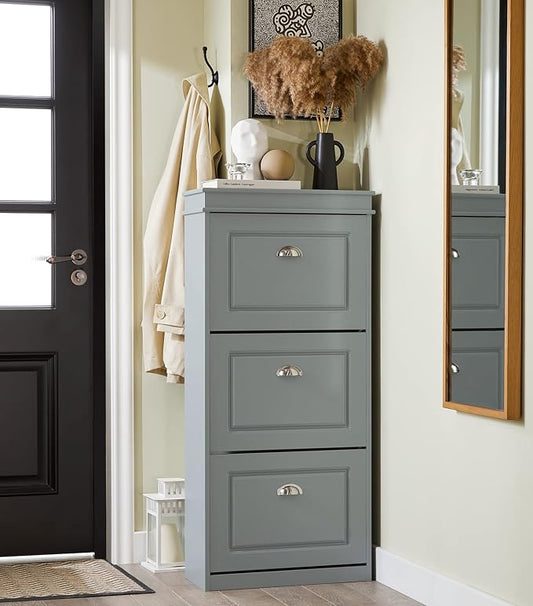 Haotian FSR94-HG, Grey Shoe Storage Cabinet with 3 Flip Drawers, Freestanding Shoe Rack, Shoe Storage Cupboard Organizer(9.4" D x 20.9" W x 46.1" H)