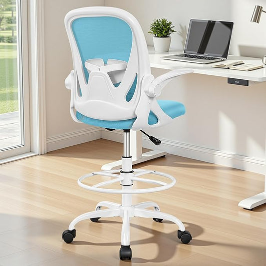 Primy Drafting Chair Tall Office Chair with Flip-up Armrests Executive Ergonomic Computer Standing Desk Chair with Lumbar Support and Adjustable Footrest Ring(Blue)
