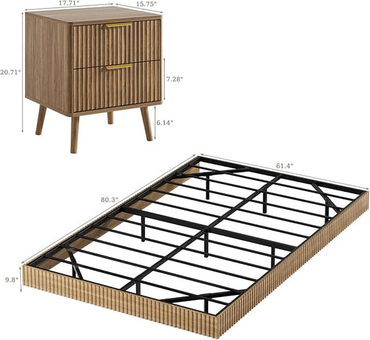 LYNSOM 3 Pieces Queen Bedroom Set, Floating Bed Frame with Smart LED Lights & Nightstand Set of 2, Fluted Bedroom Furniture Set for Home, Bedroom, Walnut