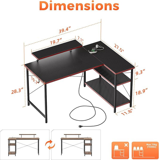 Mericonia Small L Shaped Computer Desk with Power Outlets, Reversible Gaming Desk with Storage Shelves & Monitor Stand, Corner Gamer Desk Table, Study Writing Table