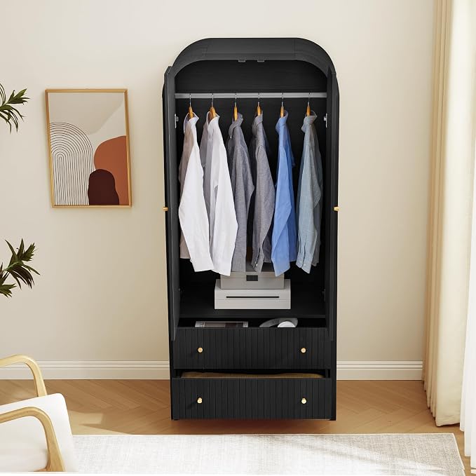 LEVNARY Arched Armoire Wardrobe Closet, Mid-Century Modern 2-Door Freestanding Wardrobe with Hanging Rod and 2 Drawers, Fluted Carved Clothing Storage Cabinet for Bedroom (Black)