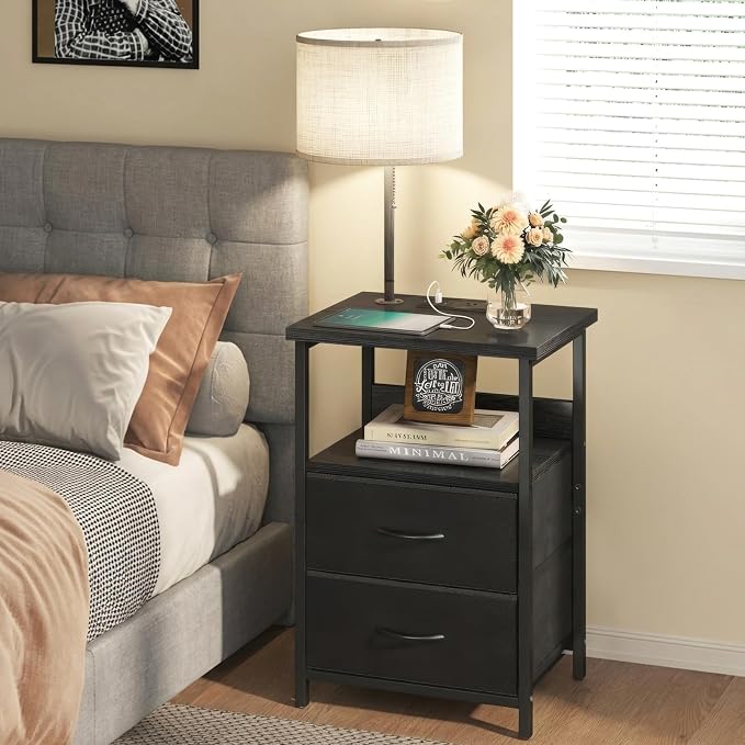 Fixwal Bedside Table with 3 Color Temperature Reading Light, Nightstand with LED Light & Charging Station End Table with Adjustable Fabric Drawer for Bedroom, Dorm, Black
