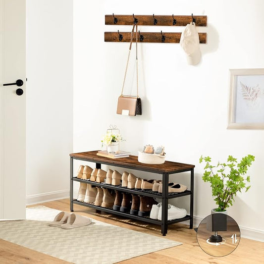 HOOBRO Hall Tree Entryway Storage Bench, Coat Rack Shoe Bench, Shoe Rack Organizer with Coat Hooks, 3-in-1 Design, Wooden Furniture with Metal Frame, Rustic Brown and Black BF171MT01