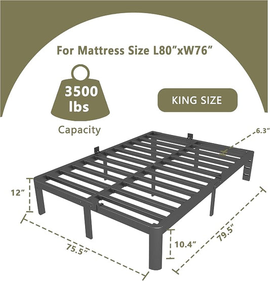 ITIMIDI 12 Inch King Size Bed Frame, Heavy Duty Mattress Foundation and DIY Headboard, Safety Design with Rounded Corner Legs, King Platform Bed Frame, No Box Spring Needed, Noise Free, Black