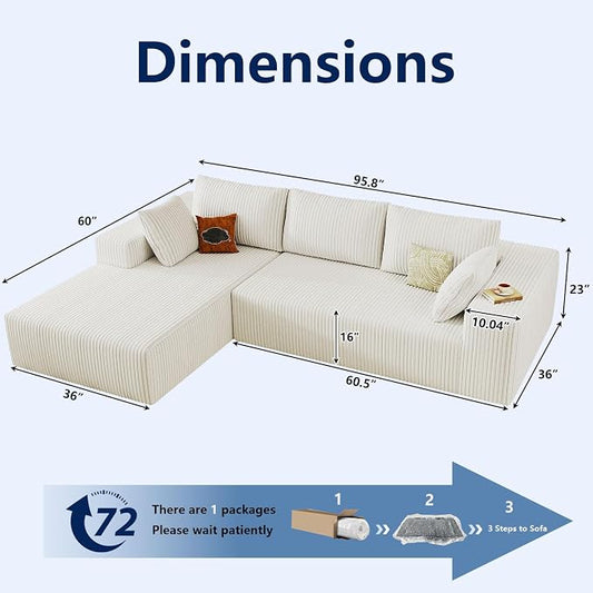 96" Modular Sectional Sofa, Modern Corduroy Cloud Couch with Deep Seat, Boneless Couch Upholstered 3-Seater L-Shaped Sofa for Living Room, No Assembly Required (White, Left-Facing Chaise)