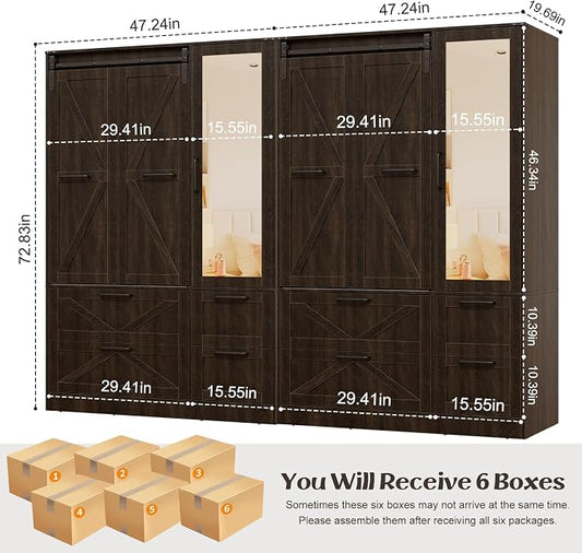 PAKASEPT Armoire Wardrobe Closet with w/Folding Sliding Barn Door | Bedroom Armoires with Mirror and LED Lights, Hanging Rod, Wardrobe Closet for Bedroom (6 Doors)