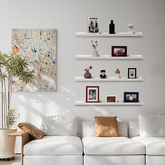 Long Floating Shelves 36 Inches Set of 4,Wood Picture Shelf for Wall with Ledge,Photo Frames Display Shelves Wall Mounted Rustic for Living Room Bedroom Kids Nursery,Home Decor (Rustic White)