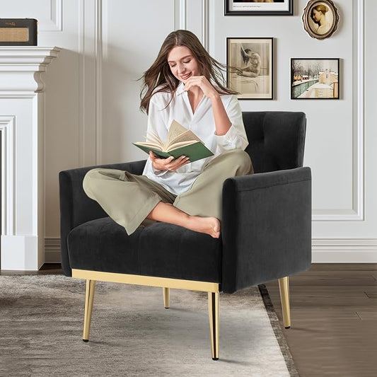Black Accent Chair, Upholstered Velvet Armchair Comfy Modern Single Sofa Side Chair with arms and Metal Legs for Living Room Bedroom Reading