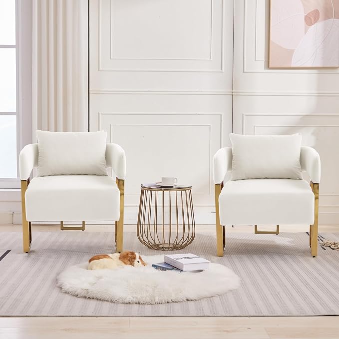 YISHENG Modern Barrel Accent Chairs Set of 2, Living Room Side Chairs with Golden Metal Legs Velvet Upholstered Reading Armchairs no Wheels for Vanity/Reception Room//Bedroom/Lounge/Office, White