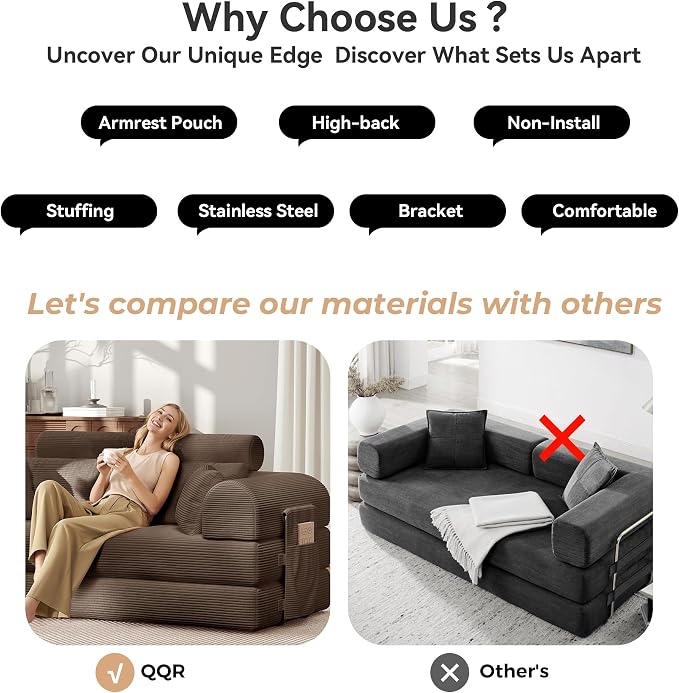 Upgrade High Backrest Design Sofa Bed with Fixed-Shape Frame & Removable Armrests and Backrest, Corduroy Fabric, Convertible Mattress Couch for Small Spaces - No Assembly Needed (Brown)