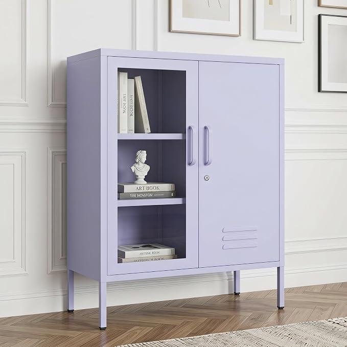 33" Tall Purple Metal Locker Storage Cabinet with Lock Left Glass Door and Right Metal Door 2 Adjustable Shelves Steel Storage Organizer for Foyer Living Room Size:33" H X 29.5" W X 13.8" D
