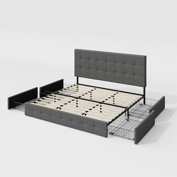 Allewie Upholstered King Size Platform Bed Frame with 4 Storage Drawers and Headboard, Square Stitched Button Tufted, Mattress Foundation with Wooden Slats Support, No Box Spring Needed, Light Grey