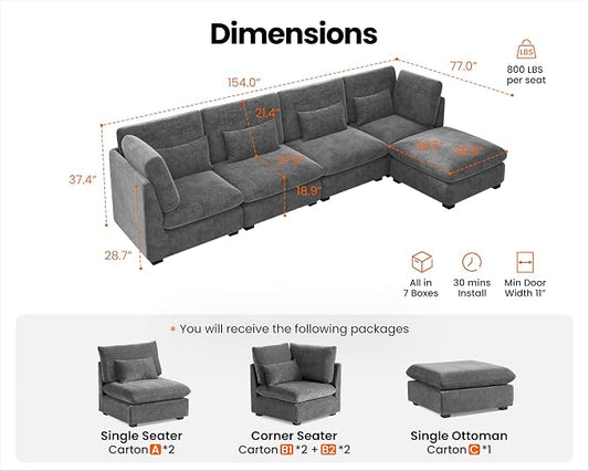154" Oversized Chenille Couch Modular Sectional Sofa, Washable Cloud Couch Sectional with Ottoman, 5 Seater Sectional Couches for Living Room, Fully Cover Removable, L Shaped, Chenille, Grey