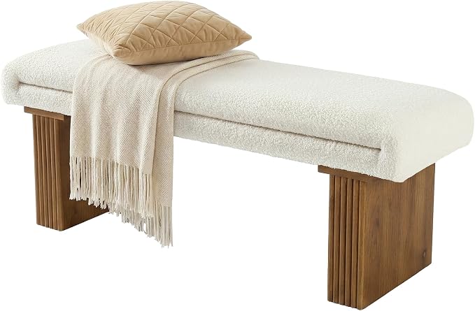Solid Wood Entryway Bench, 47" Farmhouse End of Bed Bench, Ottoman Indoor Bench with Cushion, Upholstered Window Bench for Entryway, Living Room, White & Brown