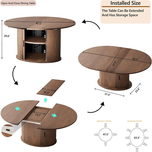 Dining Table for 4-6, 63“Extendable Round Dining Room Kitchen Table with 2-Tier Storage Shelf, Fluted Wood Table with Slide Door, Expandable Wood Oval Dinner Furniture with Pedestal Base (Walnut)