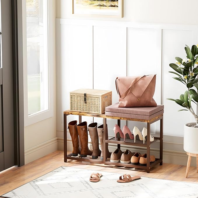 Shoe Rack Bench for Entryway 3-Tier, Free Standing Shoe Racks with Seat Cushion, Narrow Shoe Storage Shelf with Boot Organizer, Shoe Rack for Small Spacesh with Wood Bench (Brown+Brown)
