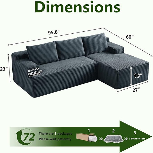 96" Modular Sectional Sofa, Modern Corduroy Cloud Couch, Boneless Couch Upholstered 3-Seater L-Shaped Sofa for Living Room, No Assembly Required (Dark Grey, Right-Facing Chaise)