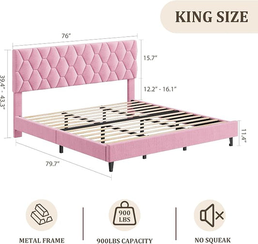 GarveeHome Pink King Bed Frame with Upholstered Headboard, Heavy-Duty Platform Bed Frame with Strong Wood Slats, No Box Spring Needed/Noise Free/Easy Assembly