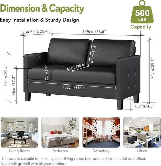 STHOUYN 59” Black Faux Leather Sofa Couch, Modern Comfy Office 2 Seater Couch Loveseat with USB & Tufted Armrest, Small Love Seat Couches for Living Room, Bedroom, Apartment