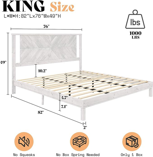 AMERLIFE Solid Wood King Size Bed Frame with Headboard, Mid Century Modern Style Platform Bed with Under-Bed Storage, No Box Spring Needed, Noise Free, Easy Assembly, Antique White