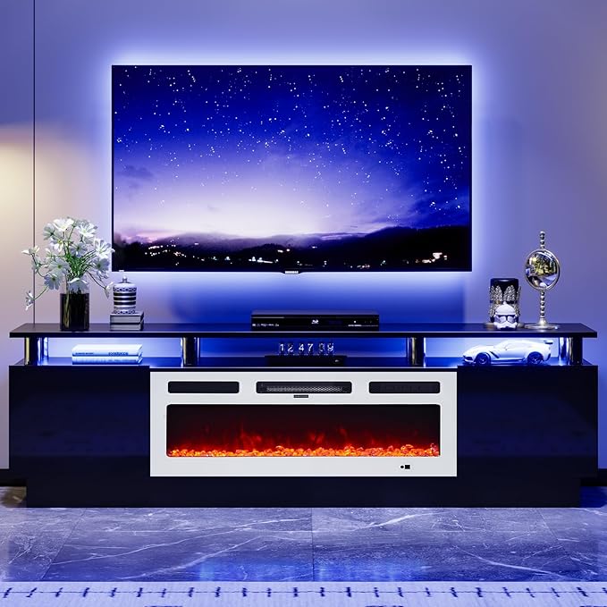 80" TV Stand for Living Room, Modern Entertainment Center & Media Console, Fits TVs up to 80", Storage Cabinet with Shelves, 36" Electric Fireplace with LED Flame(Black+White)