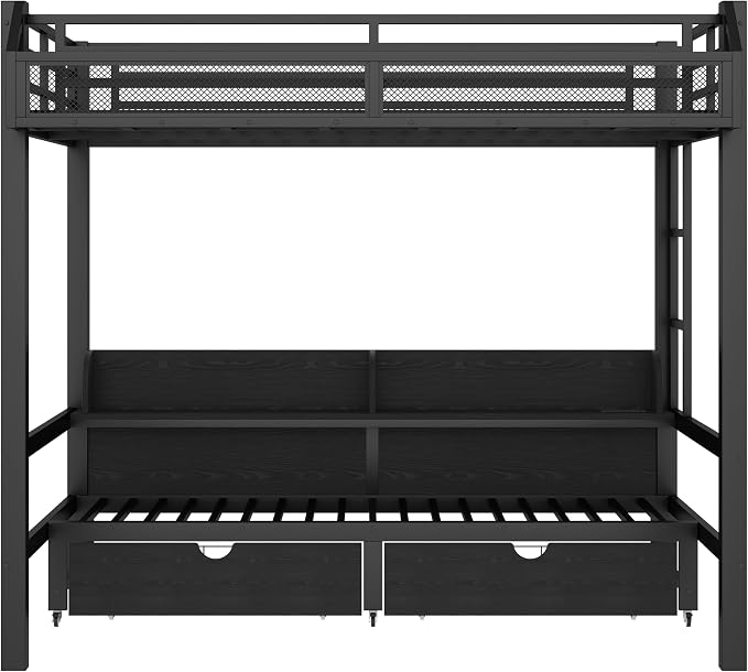 Bellemave Bunk Bed Full Over Full,Metal Bunk beds with Storage Shelves and Drawers USB Ports and LED Lights, Lower Bed That can be Converted into a Sofa, Black