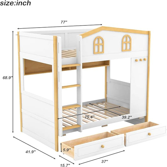 Merax Twin Over Twin Size House Bunk Bed with Storage Shelves & 2 Drawers, Solid Wood Space-Saving Loft Bed Frame with Safety Guardrails for Bedroom, White+Natural